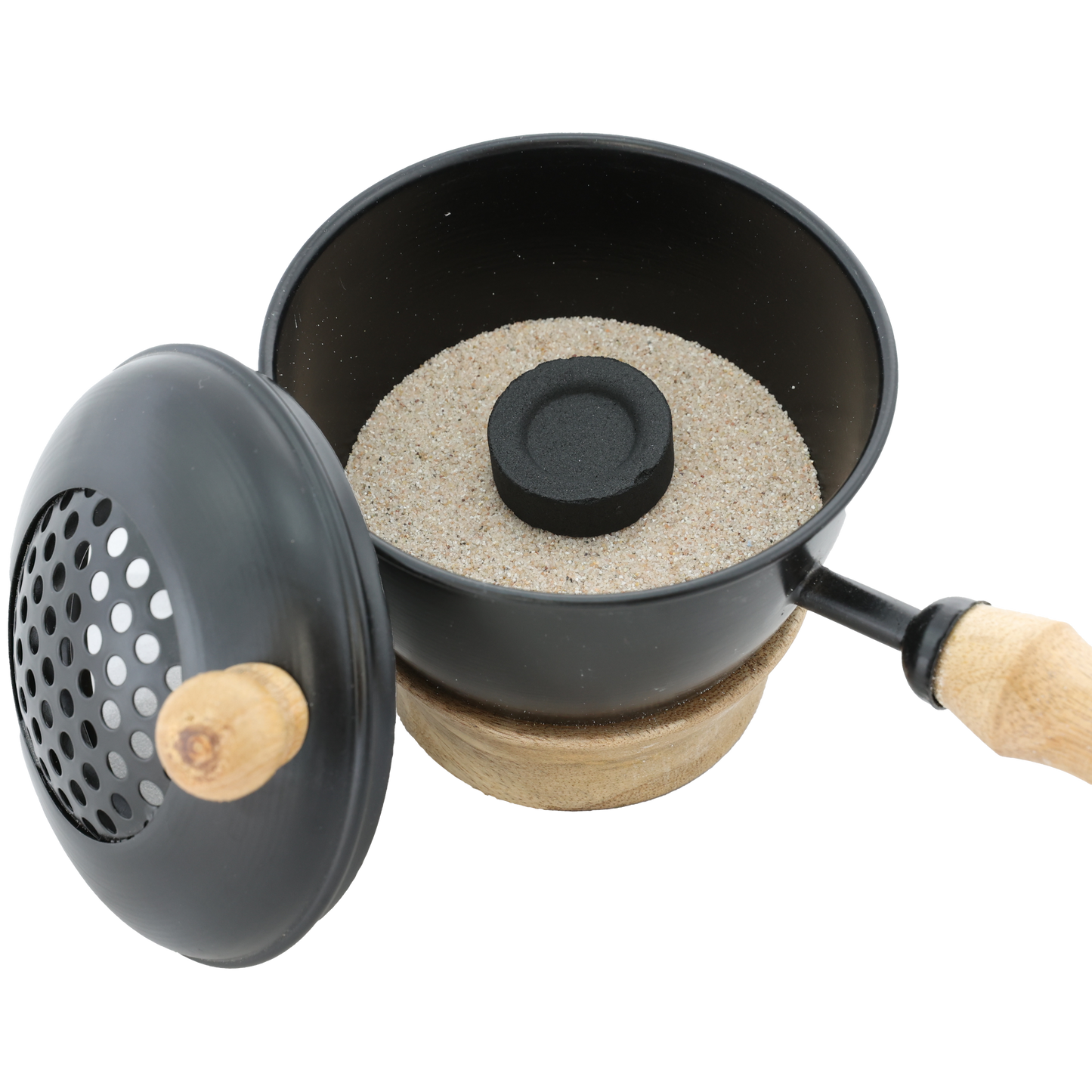 Räucherpfanne “Thomasya” aus Metall mit Mangoholzgriff & Deckel – Handgefertigt für Räucherrituale mit Kohle, Weihrauch & Kräutern