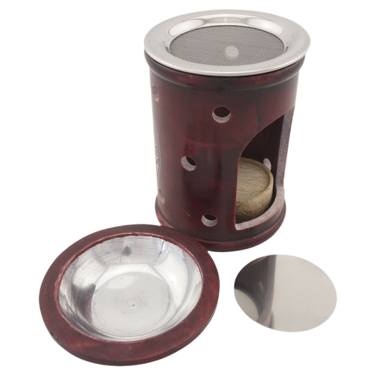 Duftlampe & Räucherstövchen „Ninurta“ aus Speckstein – Mit Schale, Edelstahlsieb, Metallscheibe & Podest – Für Duftöle, Weihrauch & Kräuter