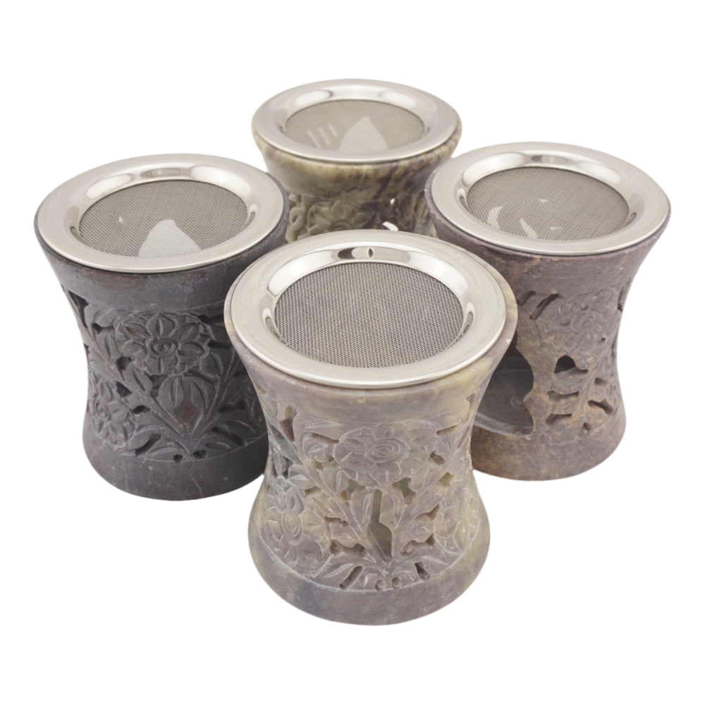 Geschenkset „Nilay“ – Räucherstövchen Speckstein mit Metallsieb, Metallscheibe & Premium Weihrauch Al-Hojari & Athos Rosen – In hochwertiger Geschenkbox