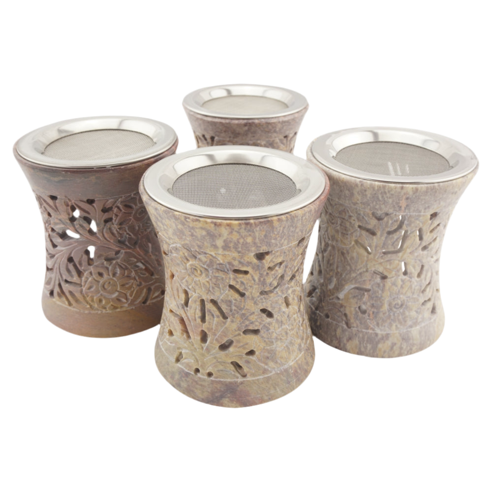 Räucherstövchen “Nilay” aus indischem Speckstein – Zarte Eleganz für sanftes Räuchern mit Edelstahlsieb & Metallscheibe