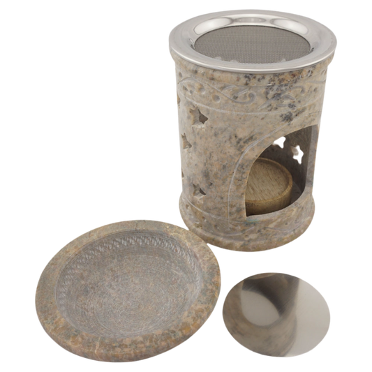 Duftlampe & Räucherstövchen „Sonne“ aus Speckstein – Mit Schale, Edelstahlsieb, Metallscheibe & Podest für sanftes Räuchern & Aromatherapie