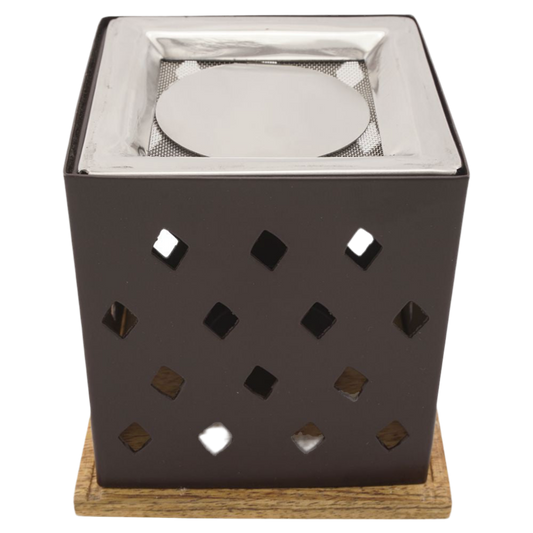 Räucherstövchen “Arvin” aus Metall & Holz – Geometrische Eleganz für sanftes Räuchern mit quadratischem Edelstahlsieb & Metallscheibe