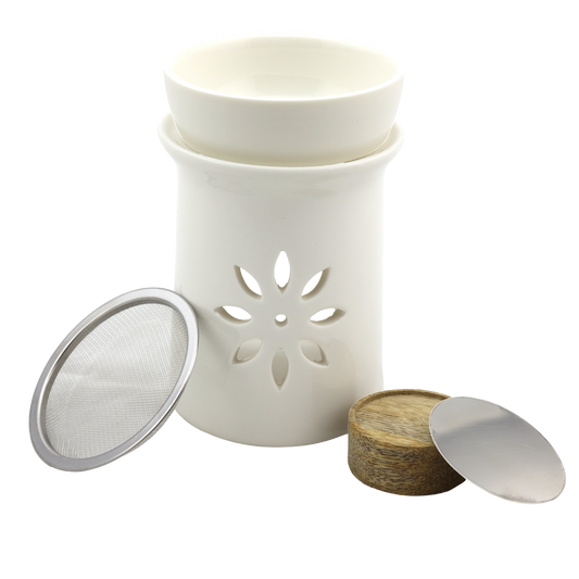 Keramik Duftlampe & Räucherstövchen „Sternenblume“ – Mit Schale, Edelstahlsieb, Metallscheibe & Podest – Für Duftöle, Weihrauch & Kräuter