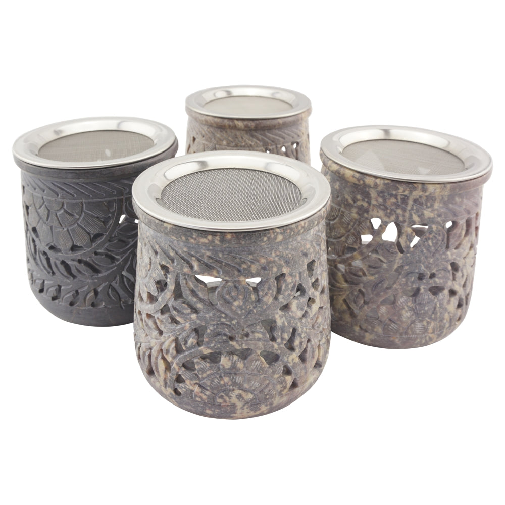 Räucherstövchen “Jamal” aus indischem Speckstein – Grautöne, handgefertigt – Mit Edelstahlsieb & Metallscheibe für sanftes Räuchern von Weihrauch & Kräutern