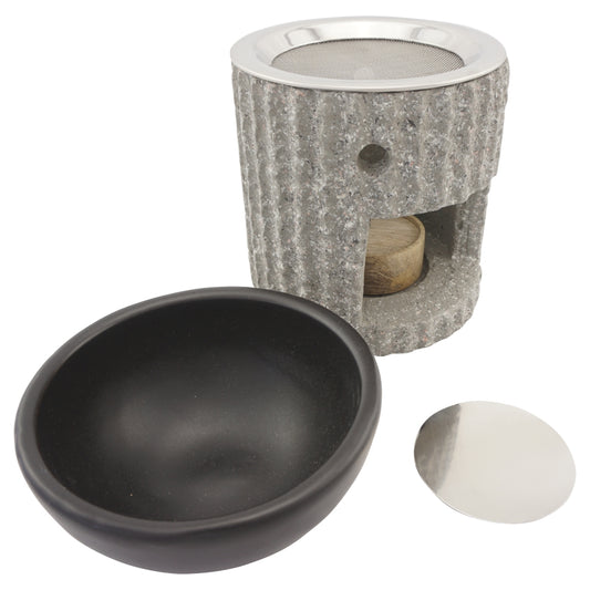 Duftlampe und Räucherstövchen Steinoptik mit Schale, Edelstahlsieb, Metallscheibe und Podest – Design „Ajala” – H 10/12,5 cm
