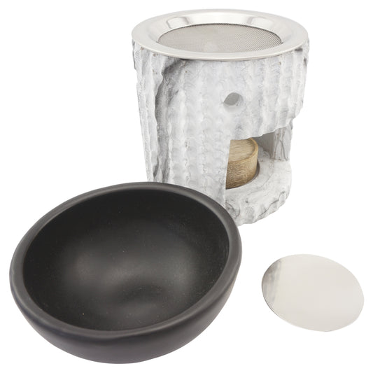 Duftlampe und Räucherstövchen aus Keramik/Steinoptik mit Schale, Edelstahlsieb, Metallscheibe und Podest – Design „Desna” – H 10/12,5 cm