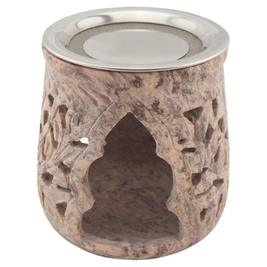 Räucherstövchen “Jamal” aus indischem Speckstein – Rosétöne, handgefertigt – Mit Edelstahlsieb & Metallscheibe für sanftes Räuchern von Weihrauch & Kräutern
