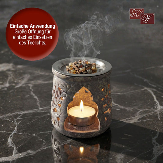 Räucherstövchen “Jamal” aus indischem Speckstein – Grautöne, handgefertigt – Mit Edelstahlsieb & Metallscheibe für sanftes Räuchern von Weihrauch & Kräutern