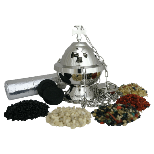 Räucherset Weihrauchfass mit Kreuz H 16 cm – mit je 20 g Oman-Weihrauch Ecclesia, Weihrauch Arabisch Dunkel, Weihrauch Arabisch Hell, Weihrauch Lourdes Schwarz und Weihrauch Salomon – Weihrauchfass mit Kreuz H 16 cm - mit 10 Räucherkohlen (40mm)