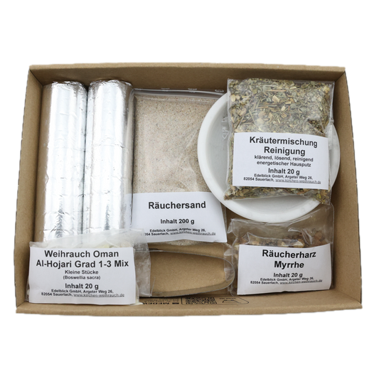 Räucherset „Hausreinigung“ 9-tlg. – 20 g Premium Oman Al-Hojari, Myrrhe & Kräutermischung Reinigung, Specksteinschale, Räuchersand & Kohle – Im Geschenkkarton mit Anleitung