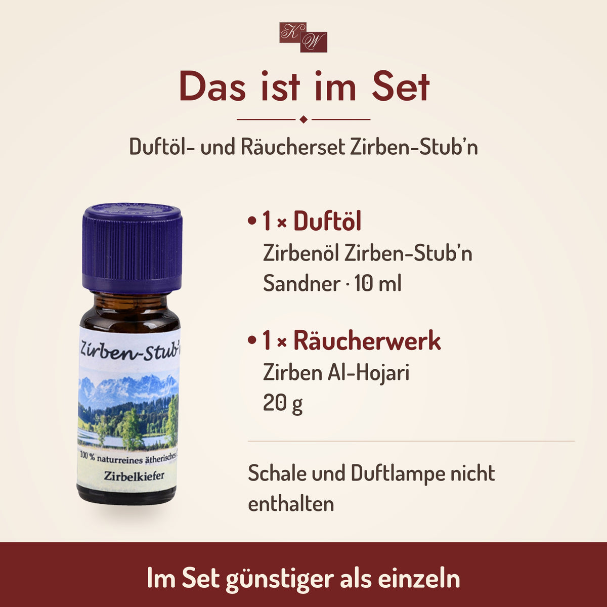 Duftöl- und Räucherset Zirben-Stub’n – Lieferumfang: Zirbenöl Zirben-Stub’n 10 ml und Zirben Al-Hojari 20 g