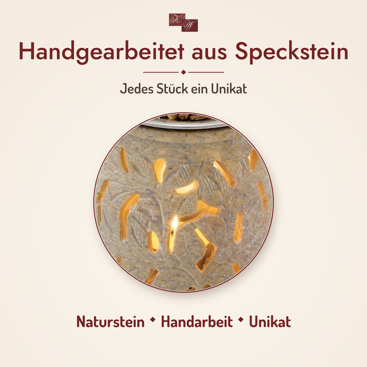 Räucherstövchen Amana – handgearbeitet aus Speckstein, Nahaufnahme