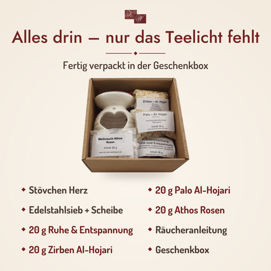 Lieferumfang Geschenkset Harmonie: Räucherstövchen Herz, Kräutermischung Ruhe & Entspannung, Zirben Al-Hojari, Palo Al-Hojari und Weihrauch Athos Rosen, Räucheranleitung und Geschenkbox