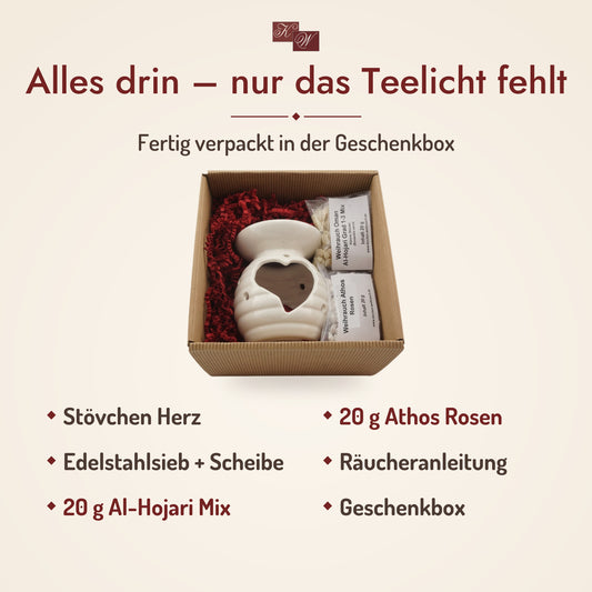 Lieferumfang Geschenkset Herz: Räucherstövchen Herz, Weihrauch Al-Hojari Mix und Weihrauch Athos Rosen, Räucheranleitung und Geschenkbox