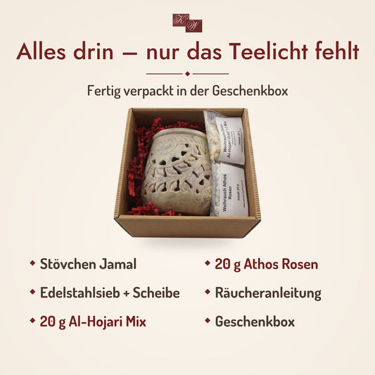Lieferumfang Geschenkset Jamal: Räucherstövchen Jamal, Weihrauch Al-Hojari Mix und Weihrauch Athos Rosen, Räucheranleitung und Geschenkbox