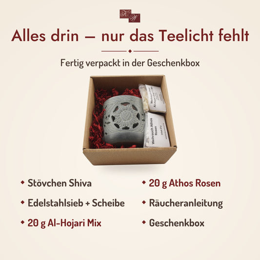 Lieferumfang Geschenkset Shiva: Räucherstövchen Shiva, Weihrauch Al-Hojari Mix und Weihrauch Athos Rosen, Räucheranleitung und Geschenkbox
