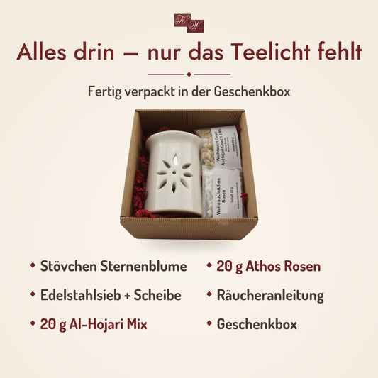 Lieferumfang Geschenkset Sternenblume: Räucherstövchen Sternenblume, Weihrauch Al-Hojari Mix und Weihrauch Athos Rosen, Räucheranleitung und Geschenkbox