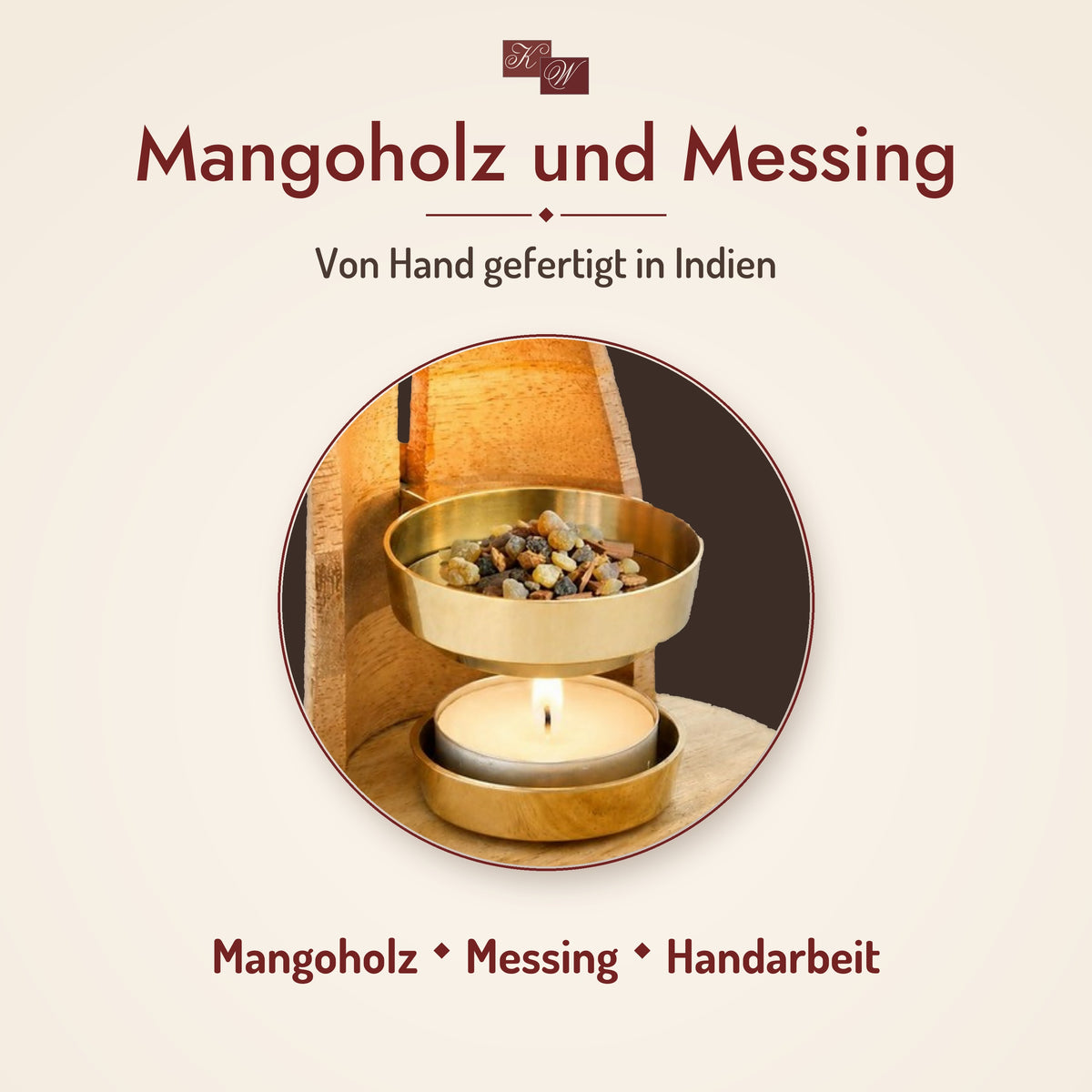 Weihrauchbrenner Maha – Mangoholz und Messing, Handarbeit aus Indien