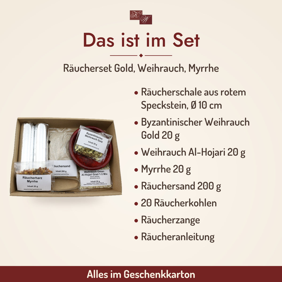 Räucherset Gold, Weihrauch, Myrrhe mit roter Schale – Lieferumfang: Räucherschale aus rotem Speckstein, Ø 10 cm, Byzantinischer Weihrauch Gold 20 g, Weihrauch Al-Hojari 20 g, Myrrhe 20 g, Räuchersand 200 g, 20 Räucherkohlen, Räucherzange, Räucheranleitung