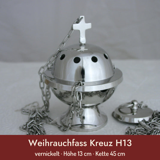 Weihrauchfass Kreuz H13 – vernickelt · Höhe 13 cm · Kette 45 cm