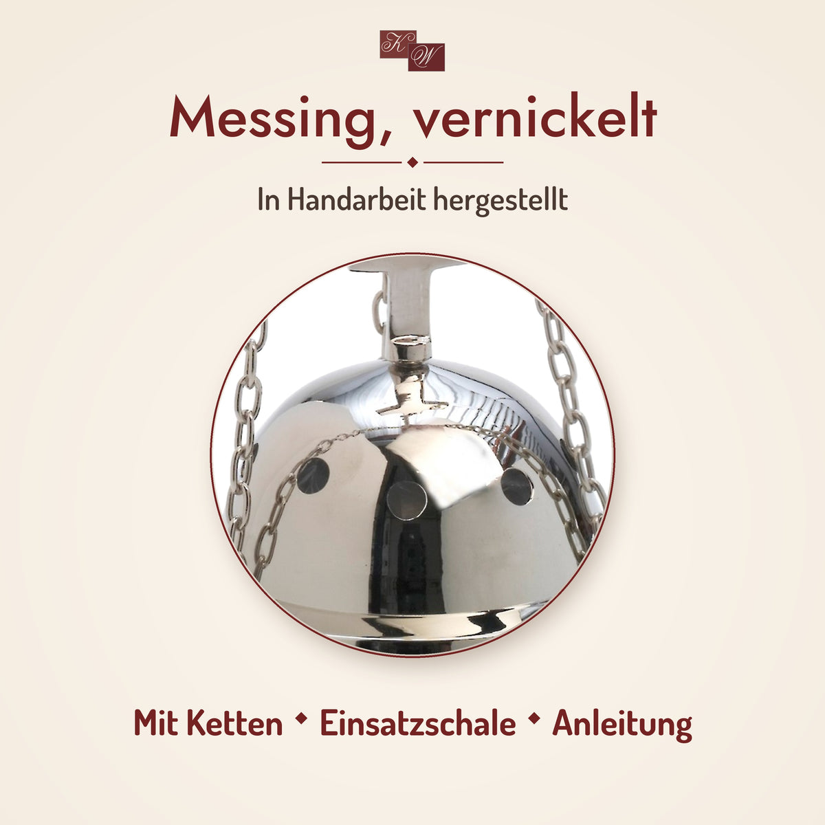 Weihrauchfass Kreuz H13 aus Messing, vernickelt – Material im Detail, in Handarbeit hergestellt; mit Ketten, Einsatzschale und Anleitung