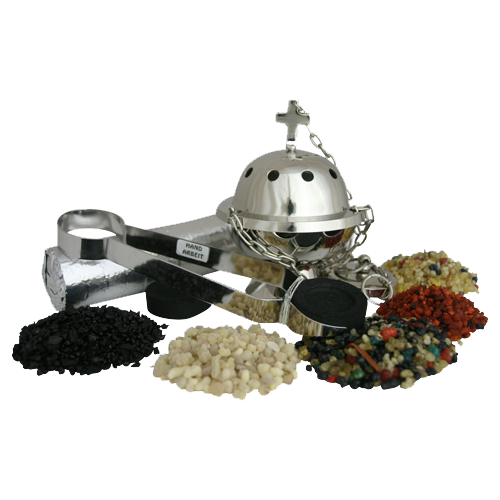 Räucherset Weihrauchfass mit Kreuz – 8-teilig – 20 g Oman-Weihrauch Ecclesia, 4x Kirchenweihrauch, Weihrauchfass H 13 cm, Räucherzange & Kohle