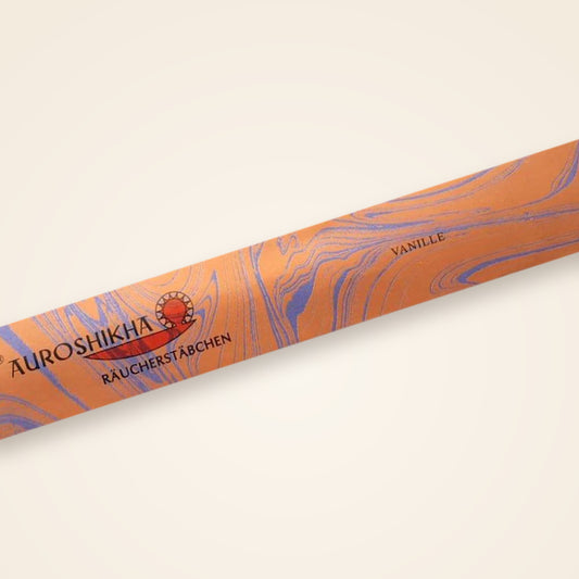 Auroshikha Vanille Räucherstäbchen – Packung in der Nahansicht