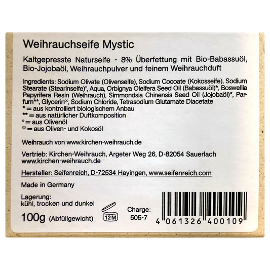 Rückseite der Weihrauchseife Mystic mit Zutaten, 8 % Überfettung mit Bio-Babassuöl und Bio-Jojobaöl