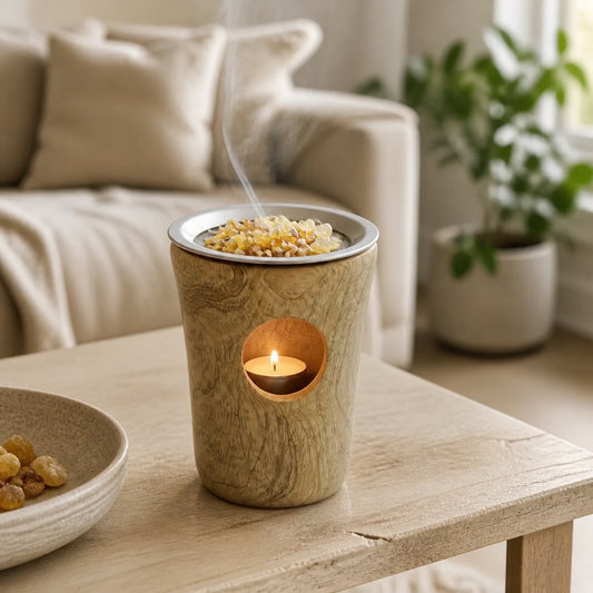 Räucherstövchen Aamra aus Mangoholz mit Weihrauch und Teelicht in einem hellen Wohnraum – Beginn der Räucherzeit im Herbst