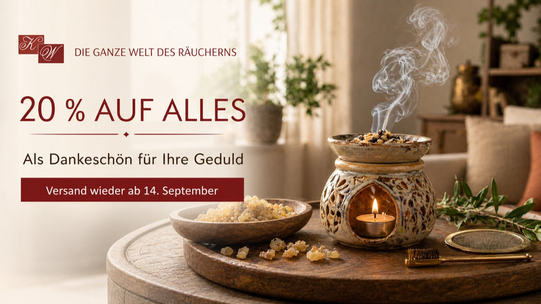 Weihrauchharz und brennendes Räucherstövchen – Urlaubsaktion bei Kirchen-Weihrauch: 20 % bis 12. September, Versand wieder ab 14. September