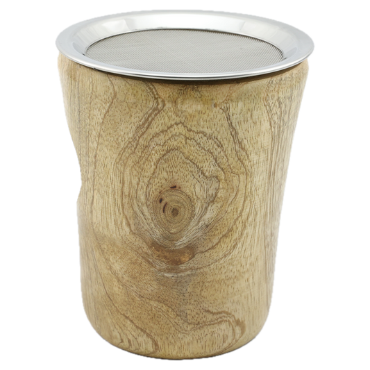 Räucherstövchen Aamra aus Mangoholz mit Edelstahlsieb und dünner Metallscheibe