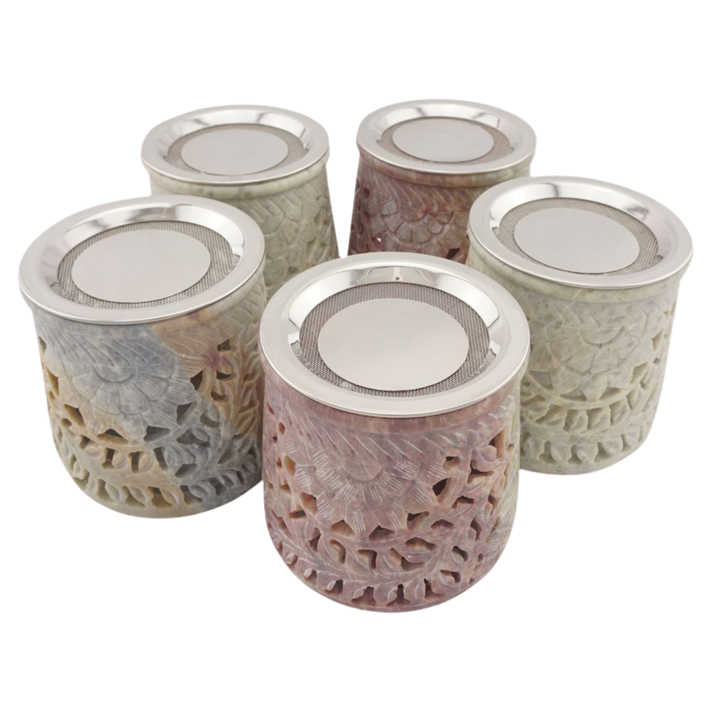 Geschenkset Räucherstövchen Speckstein „Jamal“ – mit Metallsieb, Metallscheibe, 20 g Premium Weihrauch Al-Hojari & 20 g Weihrauch Athos Rosen – In hochwertiger Geschenkbox mit Räucheranleitung