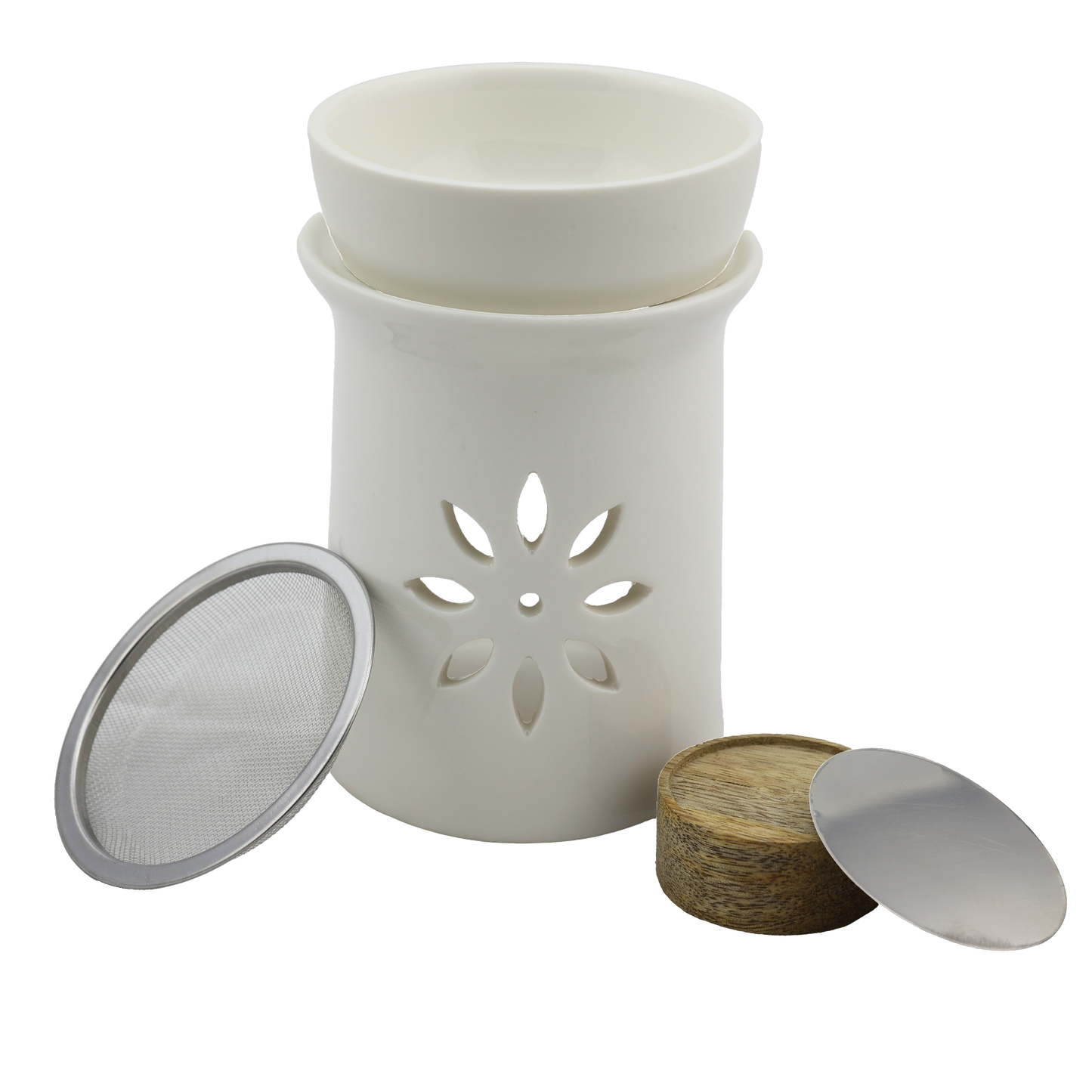 Keramik Duftlampe & Räucherstövchen „Sternenblume“ – Mit Schale, Edelstahlsieb, Metallscheibe & Podest – Für Duftöle, Weihrauch & Kräuter