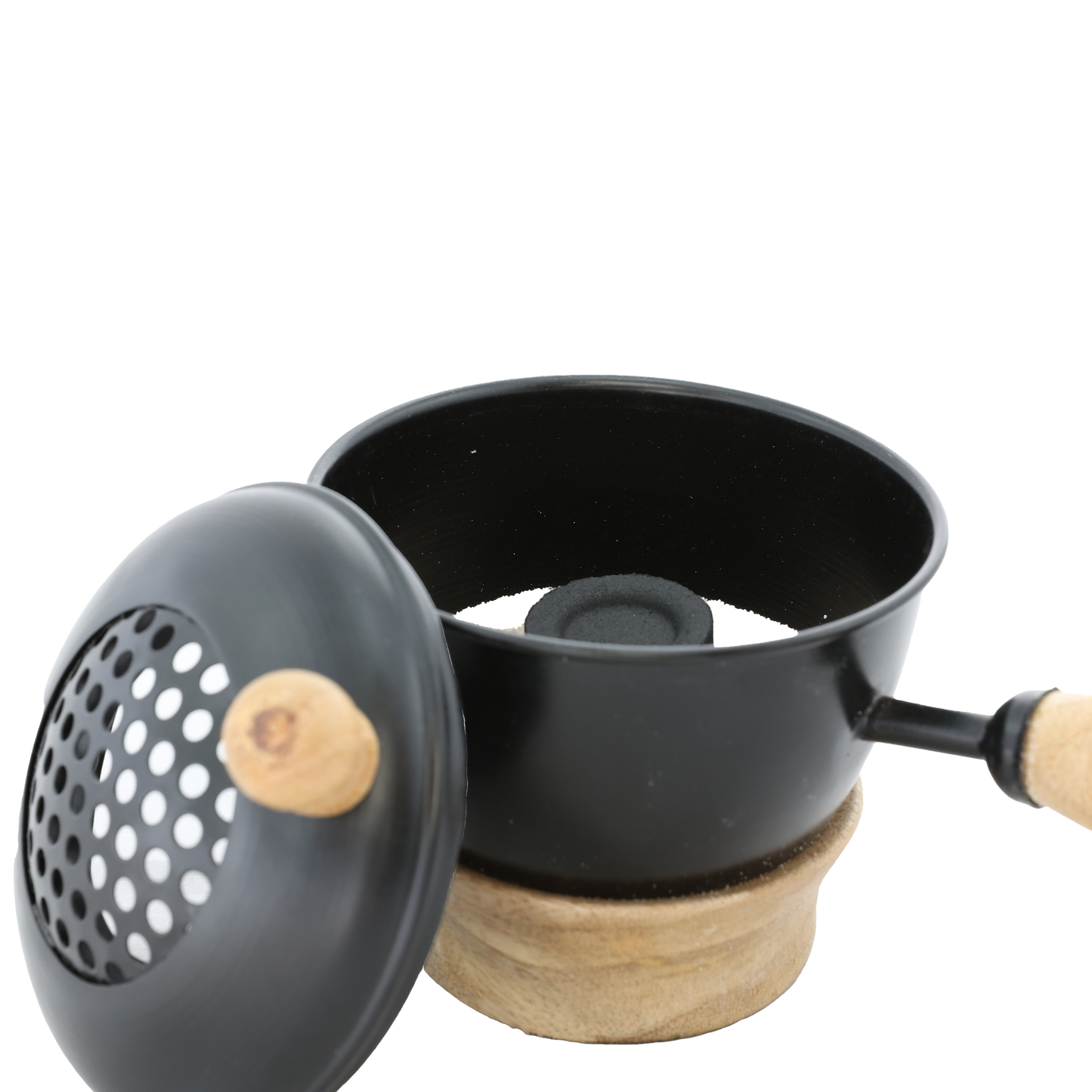 Räucherpfanne “Thomasya” aus Metall mit Mangoholzgriff & Deckel – Handgefertigt für Räucherrituale mit Kohle, Weihrauch & Kräutern