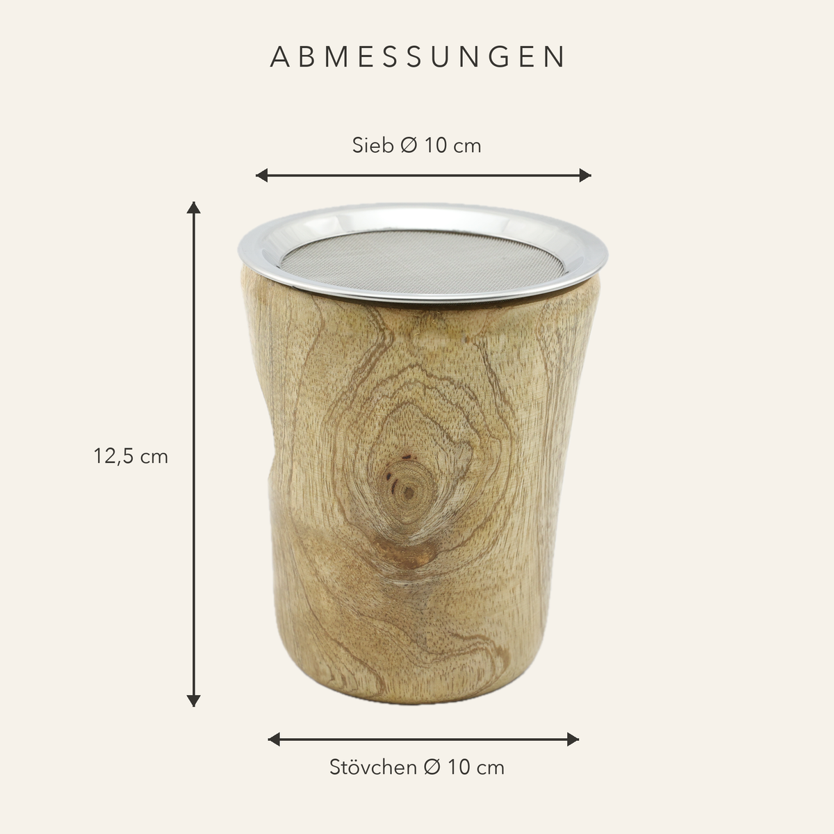 Maße des Räucherstövchens Aamra: Höhe 12,5 cm, Stövchen Ø 10 cm und Sieb Ø 10 cm