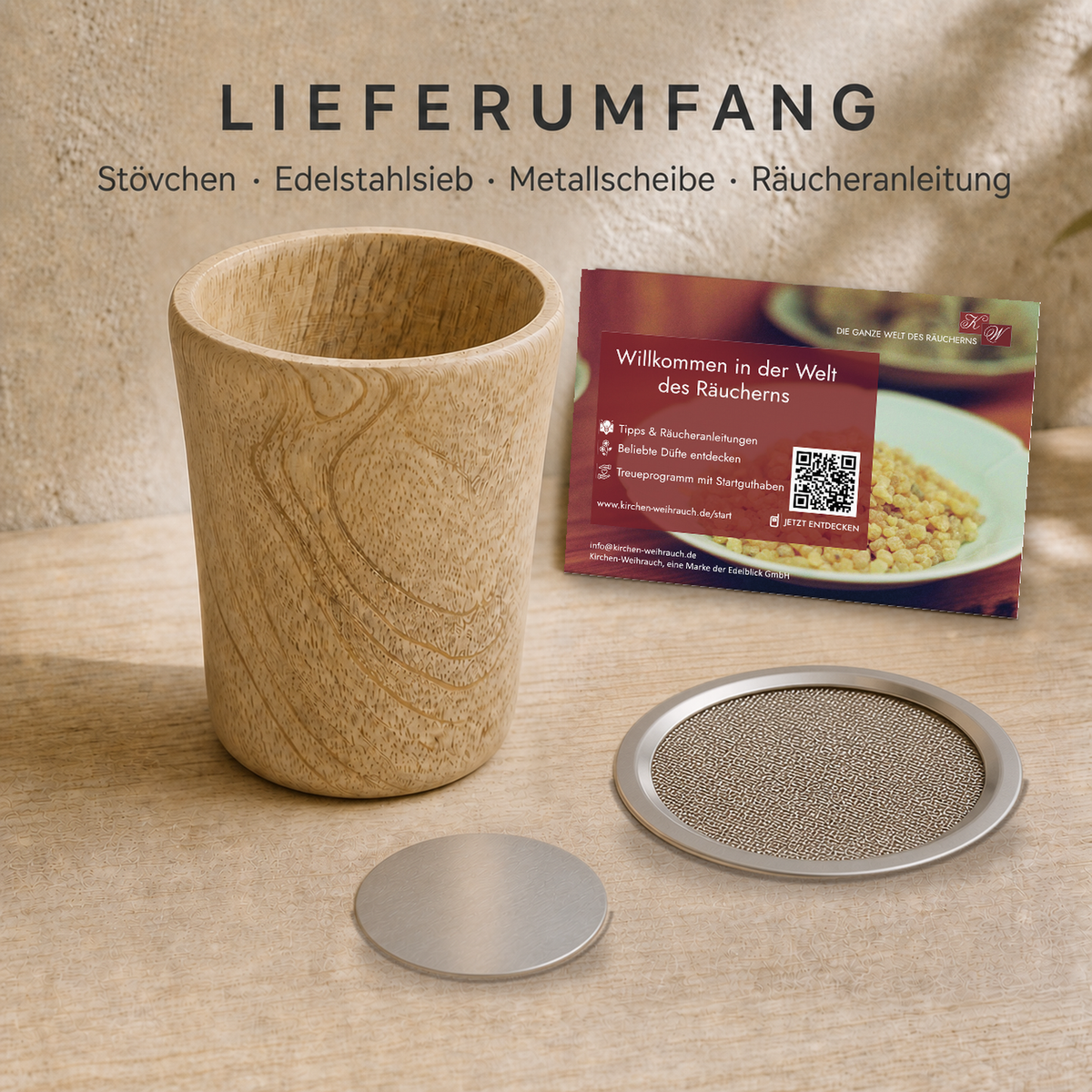 Lieferumfang Aamra mit Stövchen, Edelstahlsieb, Metallscheibe und Räucheranleitung