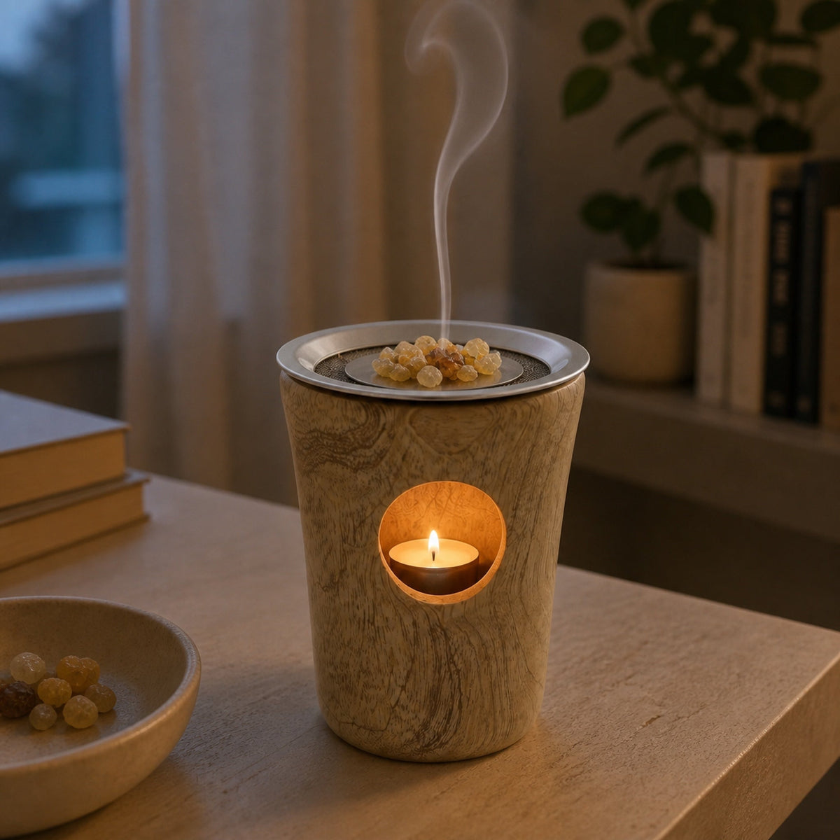 Räucherstövchen Aamra mit Teelicht und Weihrauch in warmer Abendstimmung
