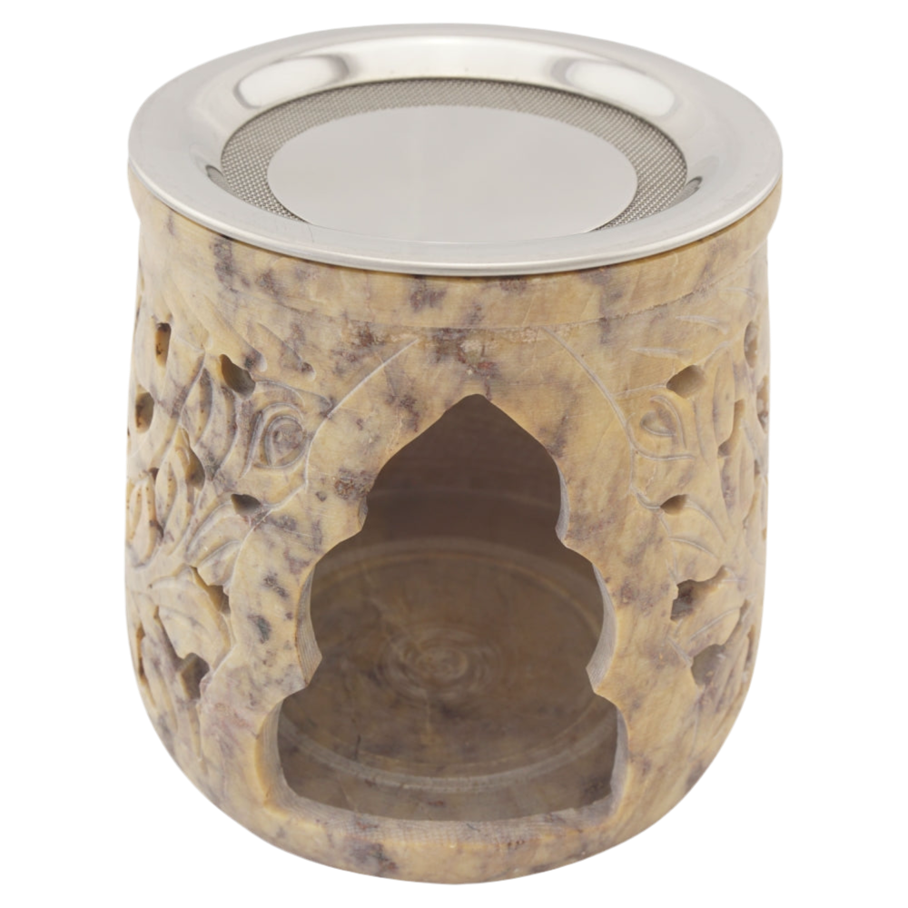 Räucherstövchen “Jamal” aus indischem Speckstein – Beigetöne, handgefertigt – Mit Edelstahlsieb & Metallscheibe für sanftes Räuchern von Weihrauch & Kräutern