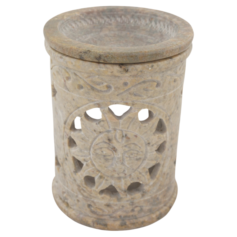 Duftlampe „Sonne“ aus Speckstein – Mit Schale für ätherische Öle & Aromatherapie – Handgefertigt mit Sonnen- & Sternenmotiv