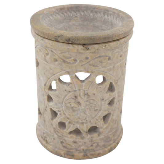 Duftlampe „Sonne“ aus Speckstein – Mit Schale für ätherische Öle & Aromatherapie – Handgefertigt mit Sonnen- & Sternenmotiv