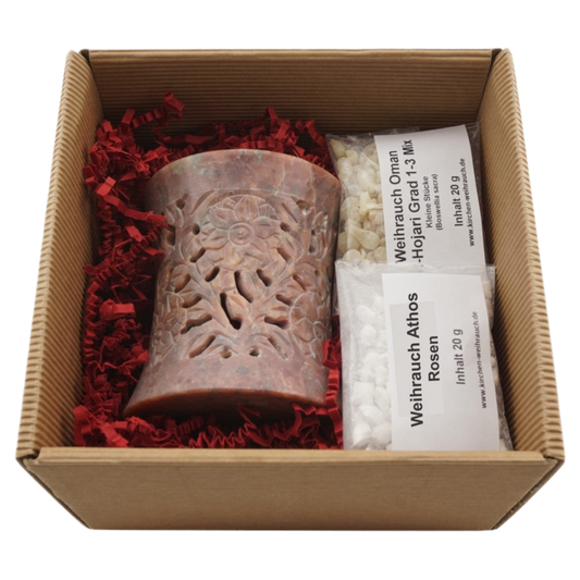 Geschenkset „Nilay“ – Räucherstövchen Speckstein mit Metallsieb, Metallscheibe & Premium Weihrauch Al-Hojari & Athos Rosen – In hochwertiger Geschenkbox