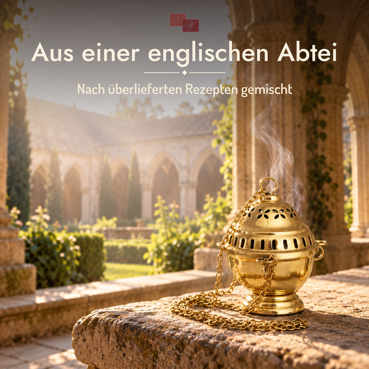 Kreuzgang einer englischen Abtei mit Weihrauchfass – Kloster-Weihrauch Glastonbury