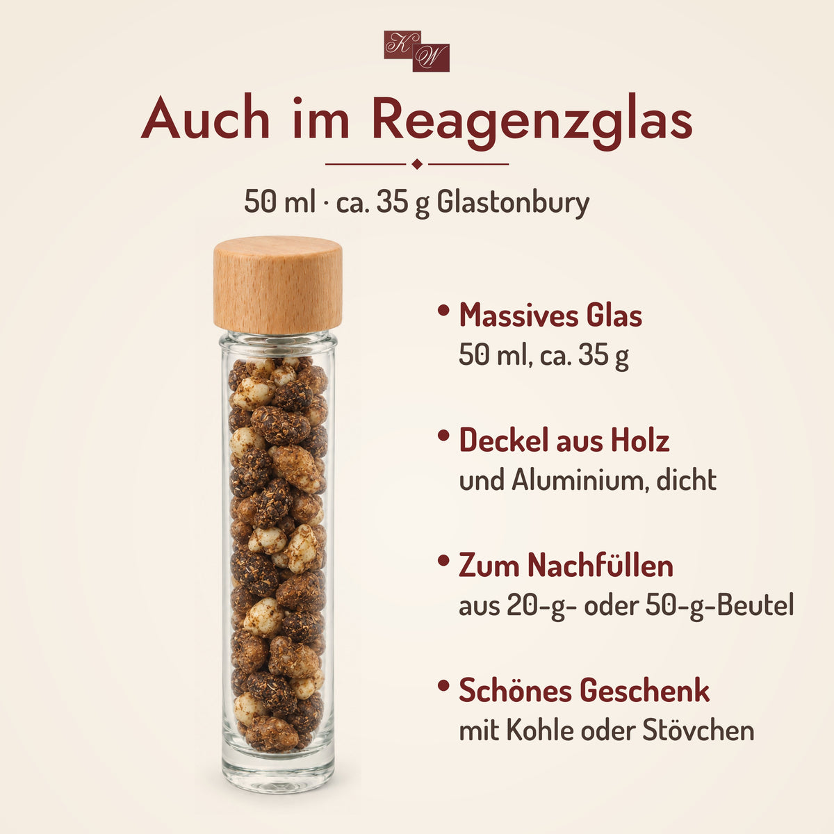Kloster-Weihrauch Glastonbury im Reagenzglas 50 ml mit Deckel aus Holz und Aluminium