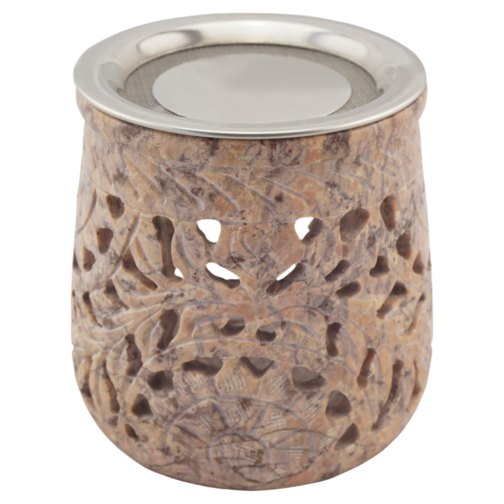 Räucherstövchen “Jamal” aus indischem Speckstein – Rosétöne, handgefertigt – Mit Edelstahlsieb & Metallscheibe für sanftes Räuchern von Weihrauch & Kräutern