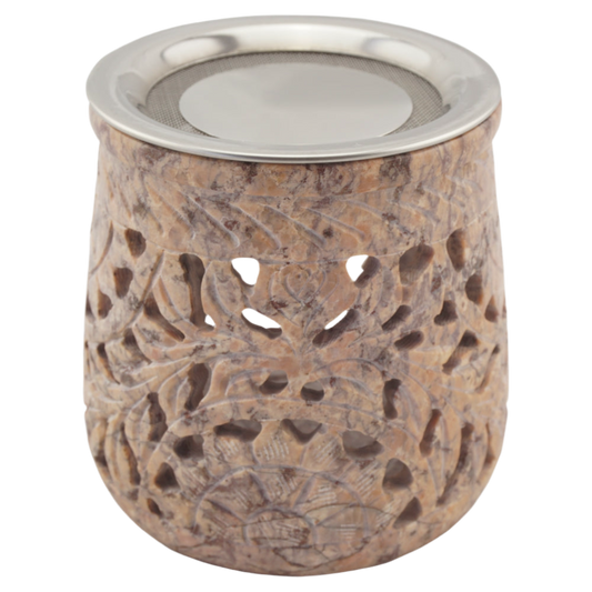 Räucherstövchen “Jamal” aus indischem Speckstein – Rosétöne, handgefertigt – Mit Edelstahlsieb & Metallscheibe für sanftes Räuchern von Weihrauch & Kräutern