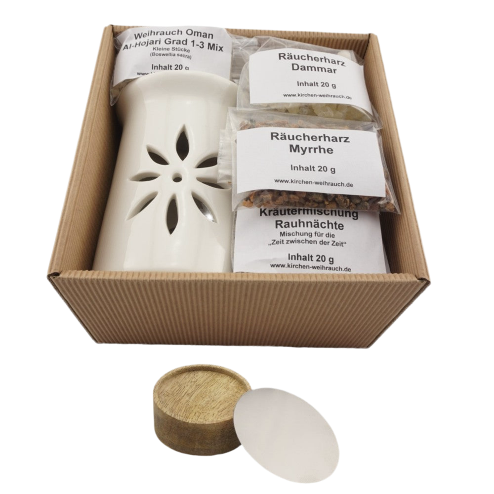 Geschenkset „Rauhnächte“ 7-tlg. – Räucherstövchen Sternenblume, Premium Weihrauch Al-Hojari Mix, Myrrhe, Dammar & Kräutermischung Rauhnächte – Mit Zubehör & Anleitung – Hochwertige Geschenkbox