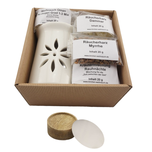 Geschenkset „Rauhnächte“ 7-tlg. – Räucherstövchen Sternenblume, Premium Weihrauch Al-Hojari Mix, Myrrhe, Dammar & Kräutermischung Rauhnächte – Mit Zubehör & Anleitung – Hochwertige Geschenkbox