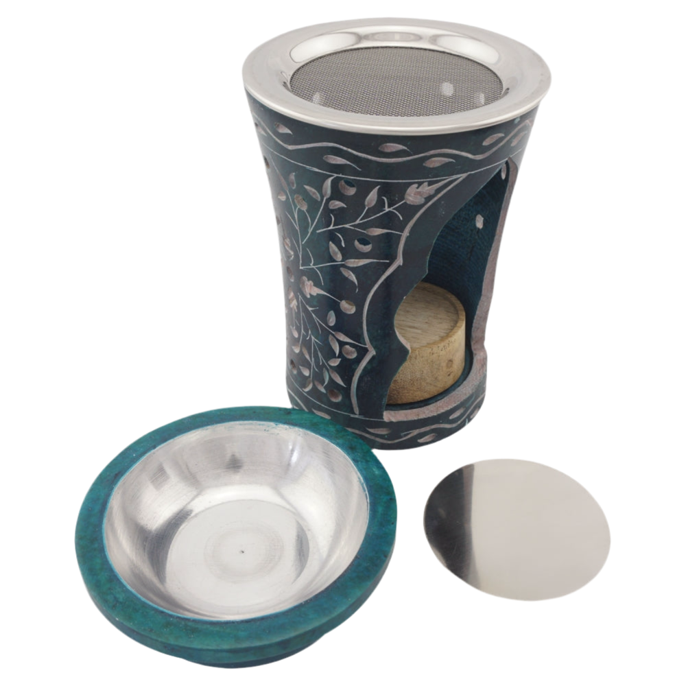 Duftlampe & Räucherstövchen „Nana“ aus Speckstein – Mit Schale, Metalleinsatz, Edelstahlsieb, Metallscheibe & Podest – Ideal für Duftöle, Weihrauch & Kräuter