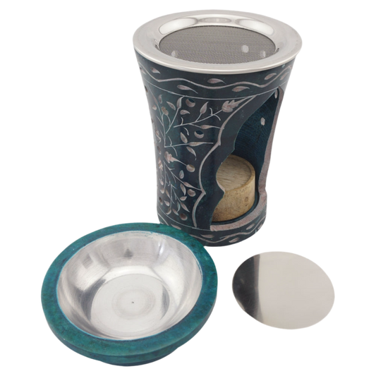 Duftlampe & Räucherstövchen „Nana“ aus Speckstein – Mit Schale, Metalleinsatz, Edelstahlsieb, Metallscheibe & Podest – Ideal für Duftöle, Weihrauch & Kräuter