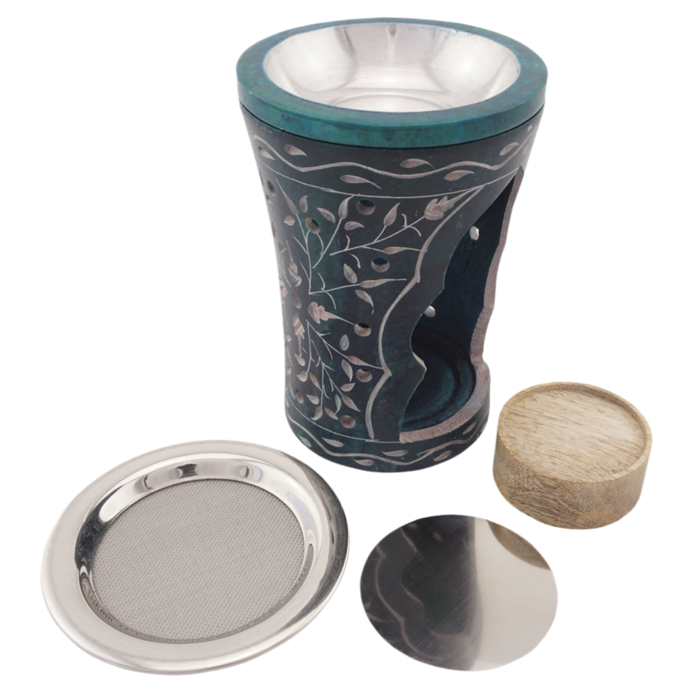 Duftlampe & Räucherstövchen „Nana“ aus Speckstein – Mit Schale, Metalleinsatz, Edelstahlsieb, Metallscheibe & Podest – Ideal für Duftöle, Weihrauch & Kräuter